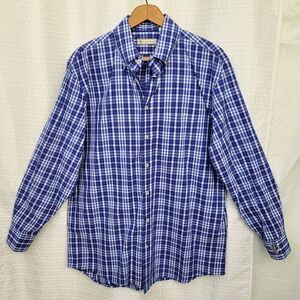 Donald Ross Long Sleeve Shirt Blue White Plaid Lightweight Button Down Men's M
